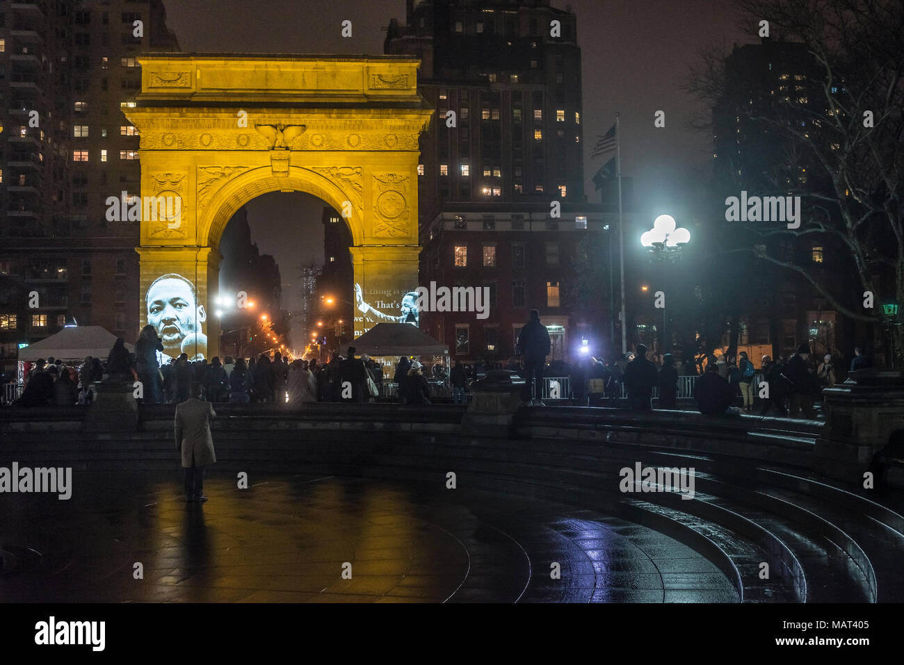 New York, NY, USA 3 April 2018 The arch in Washington Square Park was lit in orange with images of Dr. Martin Luther King projected on the south side  as a recording of King's speech  “I’ve Been to the Mountaintop” was played, to mark the 50th anniversary of its delivery on the eve of Dr King's assassination. CREDIT ©Stacy Walsh Rosenstock/Alamy Live News Stock Photo