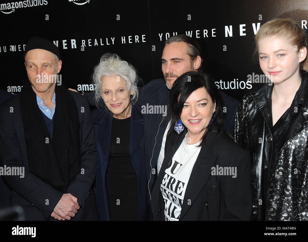 New York, NY, USA. 3rd Apr, 2018. Jonathan Ames, Judith Roberts, Joaquin Phoenix, Lynne Ramsay and Ekaterina Samsonov attends the New York screening for ' You Were Nevere Really Here' at Metrograph on April 3, 2018 in New York City. Credit: John Palmer/Media Punch/Alamy Live News Stock Photo