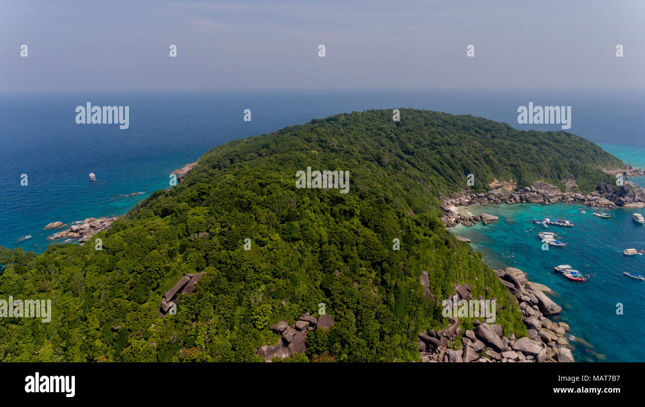 Aerial view of similan island with speed boat in Phang-Nga South of Thailand Stock Photo