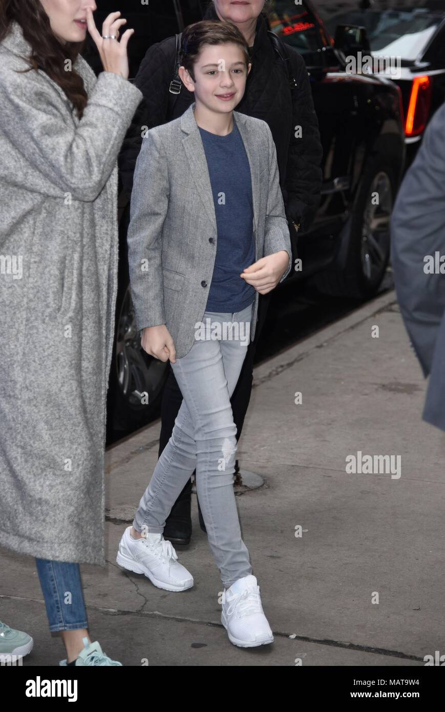 New York, NY, USA. 3rd Apr, 2018. Noah Jupe, seen at Good Morning America  to promote his new film A QUIET PLACE out and about for Celebrity Candids -  TUE, New York,