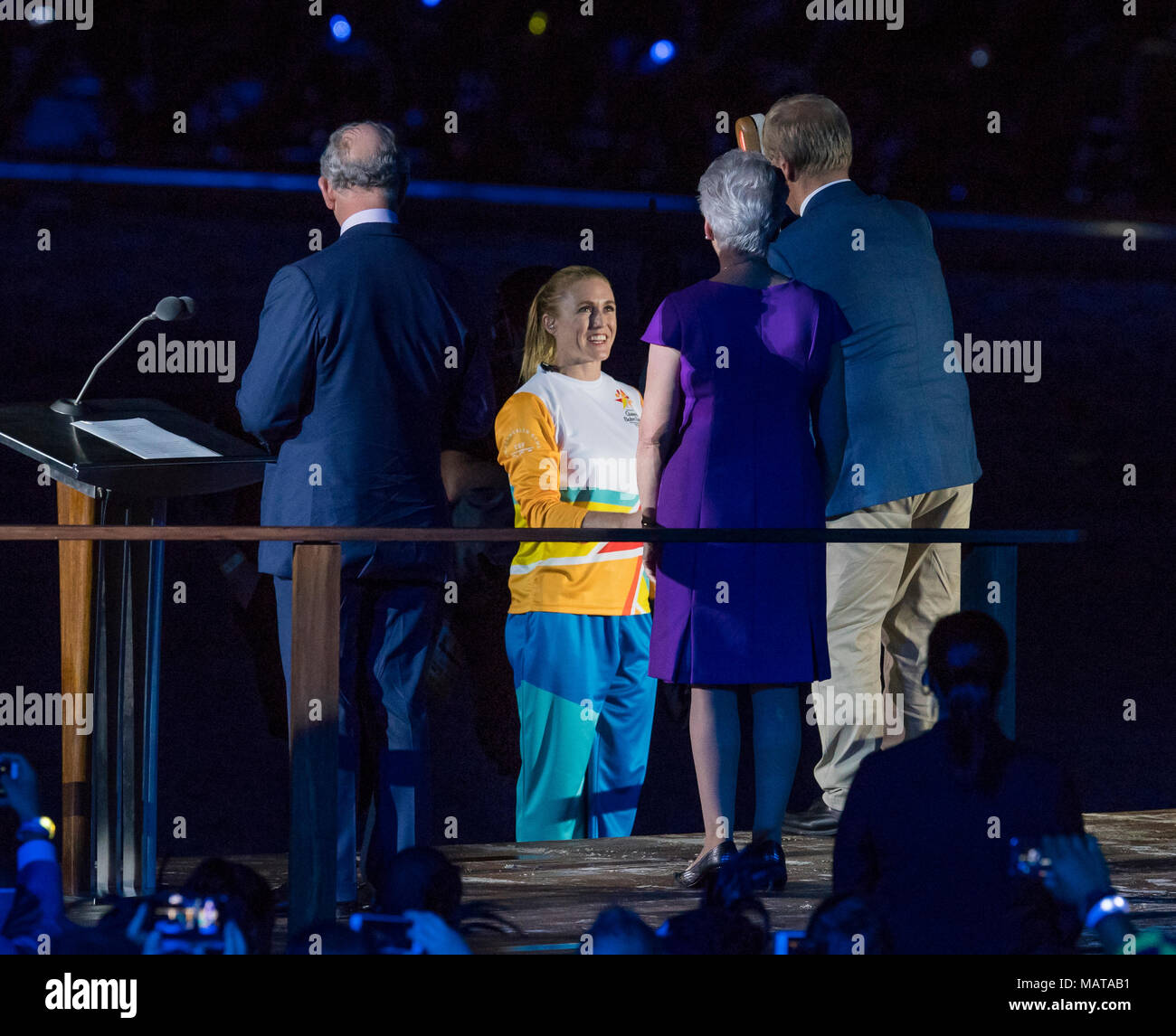 Gold Coast, Australia. 4th Apr, 2018. Sally Pearson hands over the Queens baton during the 2018 Commonwealth Games Opening Ceremony on April 4, 2018 in Gold Coast, Australia. Credit: Gary Mitchell, GMP Media/Alamy Live News Stock Photo