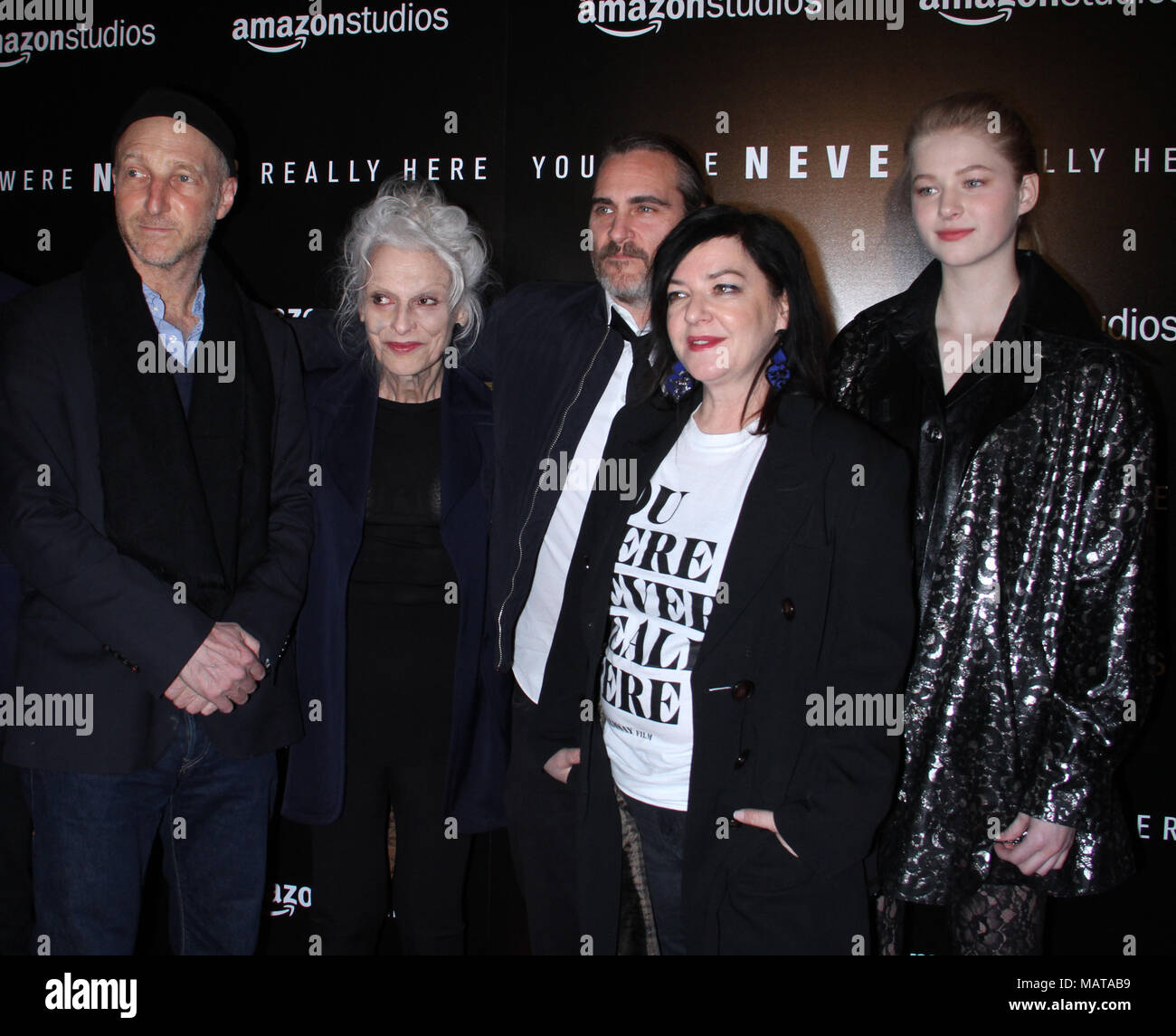 NEW YORK, NY April 03, 2018: Jonathan Ames, Judith Roberts, Joaquin Phoenix, Lynne Ramsay, Ekaterina Samsonov, attendAmazonstudios present a special screening of You Were Never Really Here at the Metrograph in New York. April 03, 2018 Credit:RW/MediaPunch Stock Photo