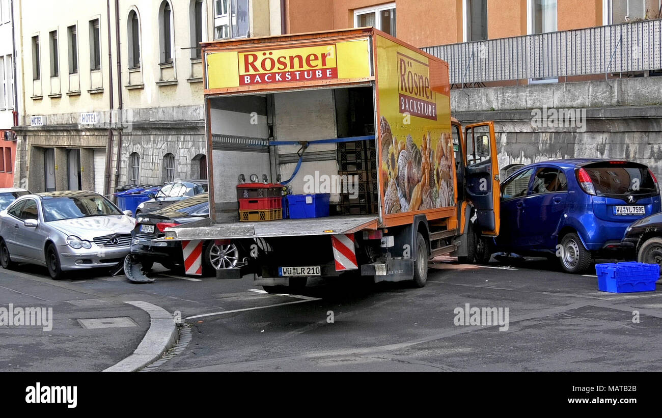 04 April 2018, Würzburg, Germany: The truck of a backery is parked downtown. A presumably psychologically disturbed man raced through the city Würzburg with a stolen mini truck, injuring 4 people and ramming numerous cars. Photo: NEWS5/NEWS5/dpa Stock Photo