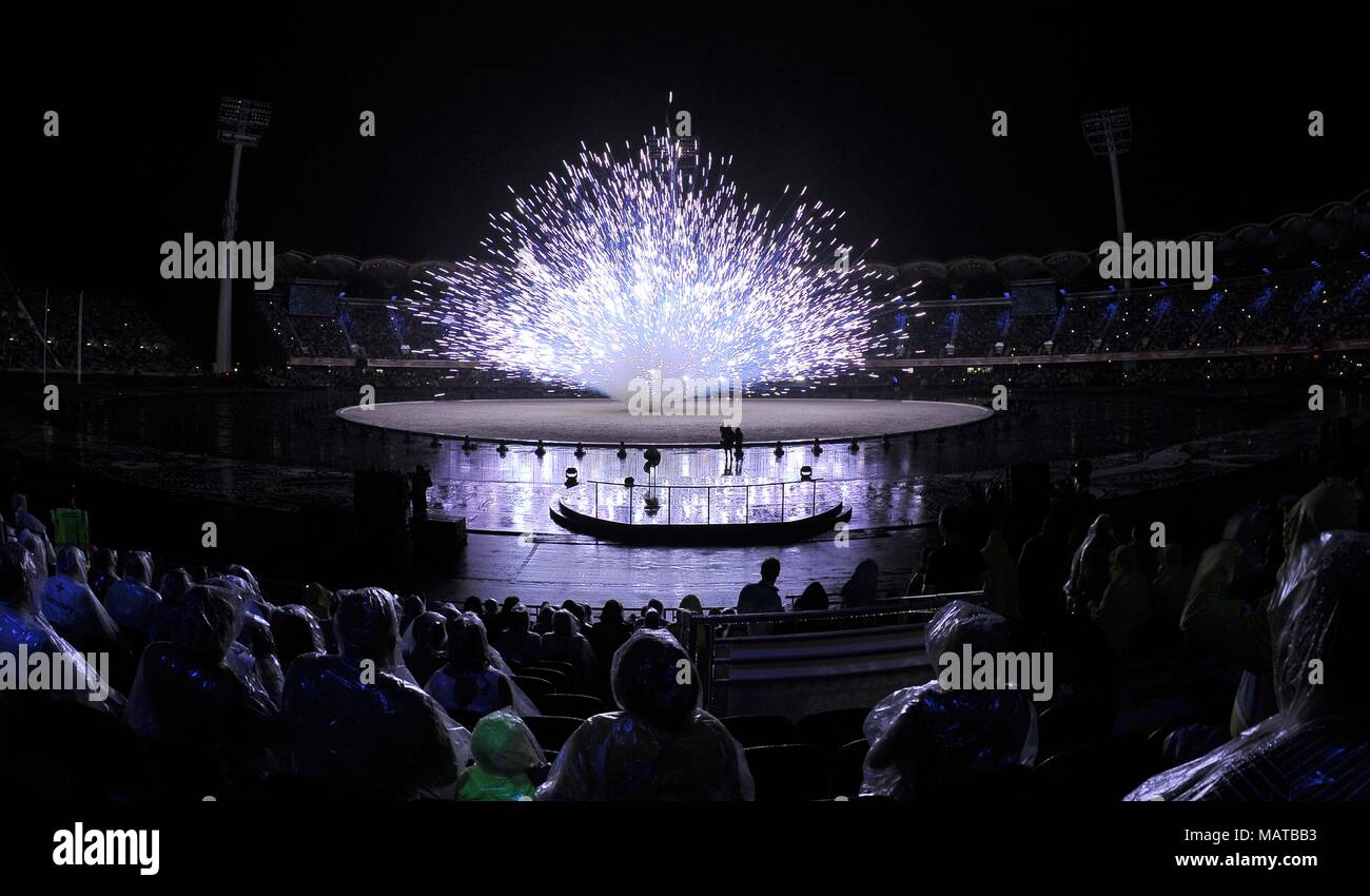 Queensland. Australia. 4th Apr, 2018. Fireworks. Opening Ceremony. XXI Commonwealth games. Carrara Stadium. Gold Coast 2018. Queensland. Australia. 04/04/2018. Credit: Sport In Pictures/Alamy Live News Stock Photo