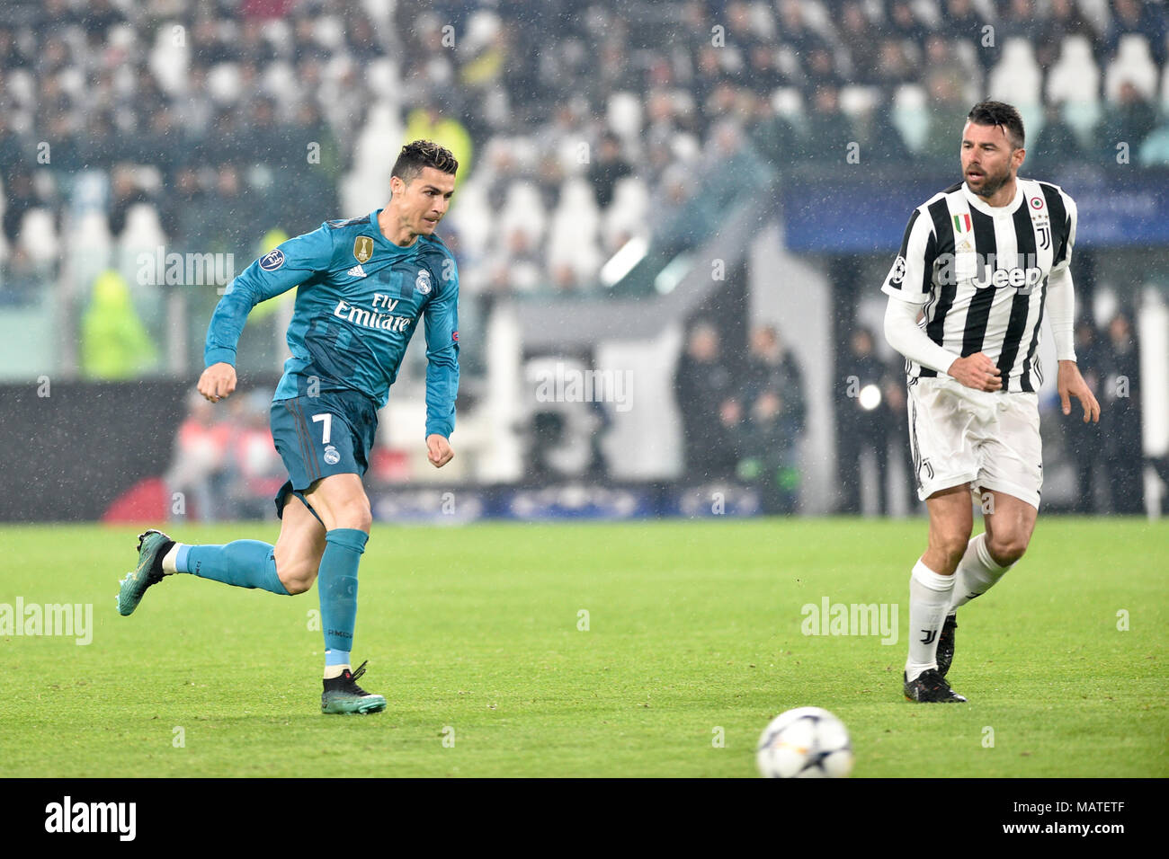Turin, Italy. 3rd Apr, 2018. Cristiano Ronaldo (Real Madrid Club de  Fútbol), Andrea Barzagli (Juventus FC), during the UEFA Champions League  quarter-finals 1st leg football match between Juventus FC and Real Madrid