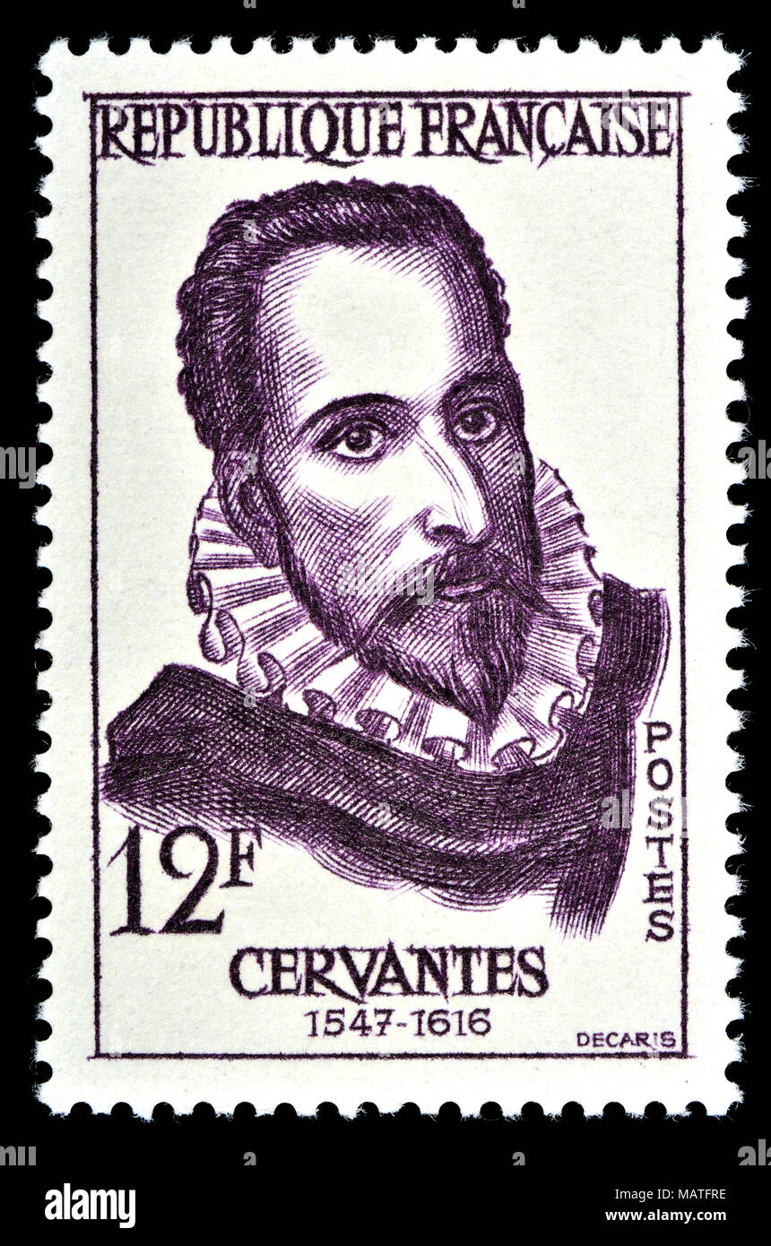French postage stamp (1957) : Miguel de Cervantes (1547 – 1616) Spanish writer, widely regarded as the greatest writer in the Spanish language. Author Stock Photo