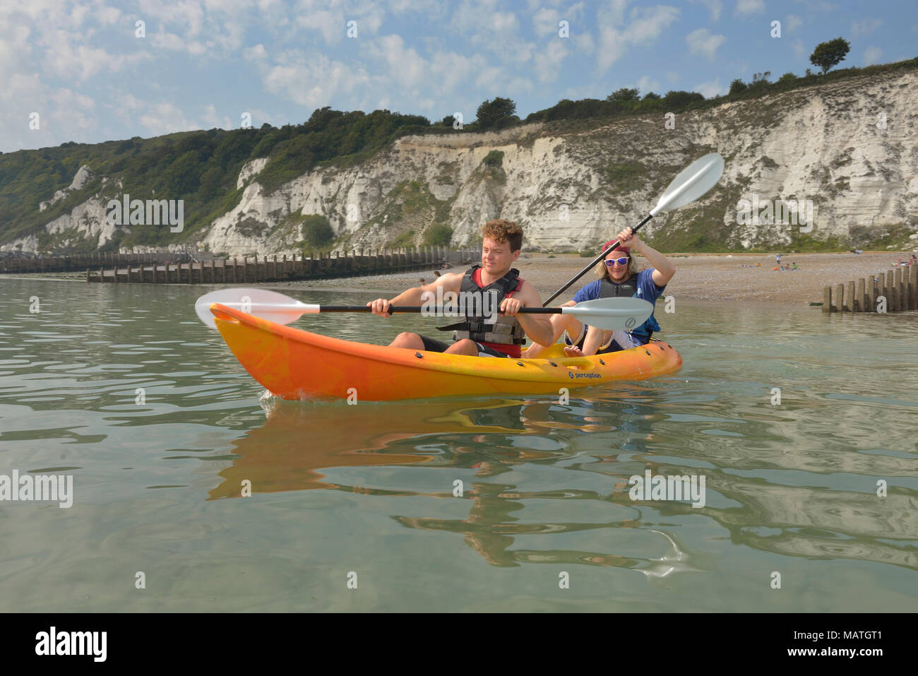 Kayaking off the coast of Holywell beach in Eastbourne, East Sussex
