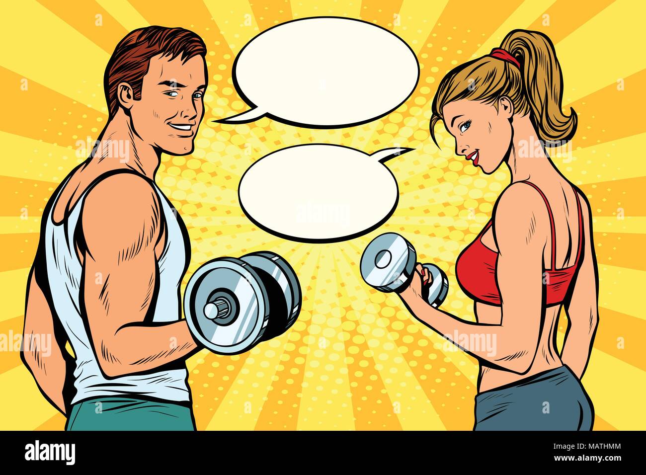 man and woman with dumbbells, comic strip dialogue bubble Stock Vector