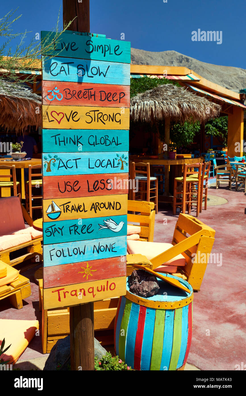 Sign, Tranquilo outdoor restaurant bar, Perissa, Santorini, Greece. Stock Photo