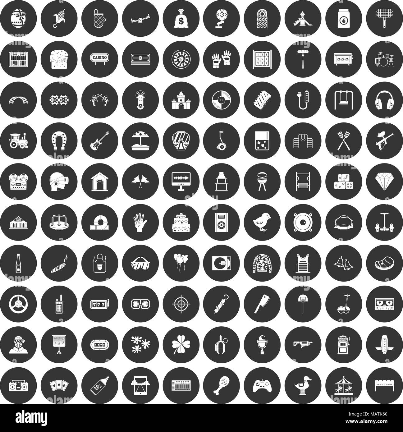100 entertainment icons set black circle Stock Vector