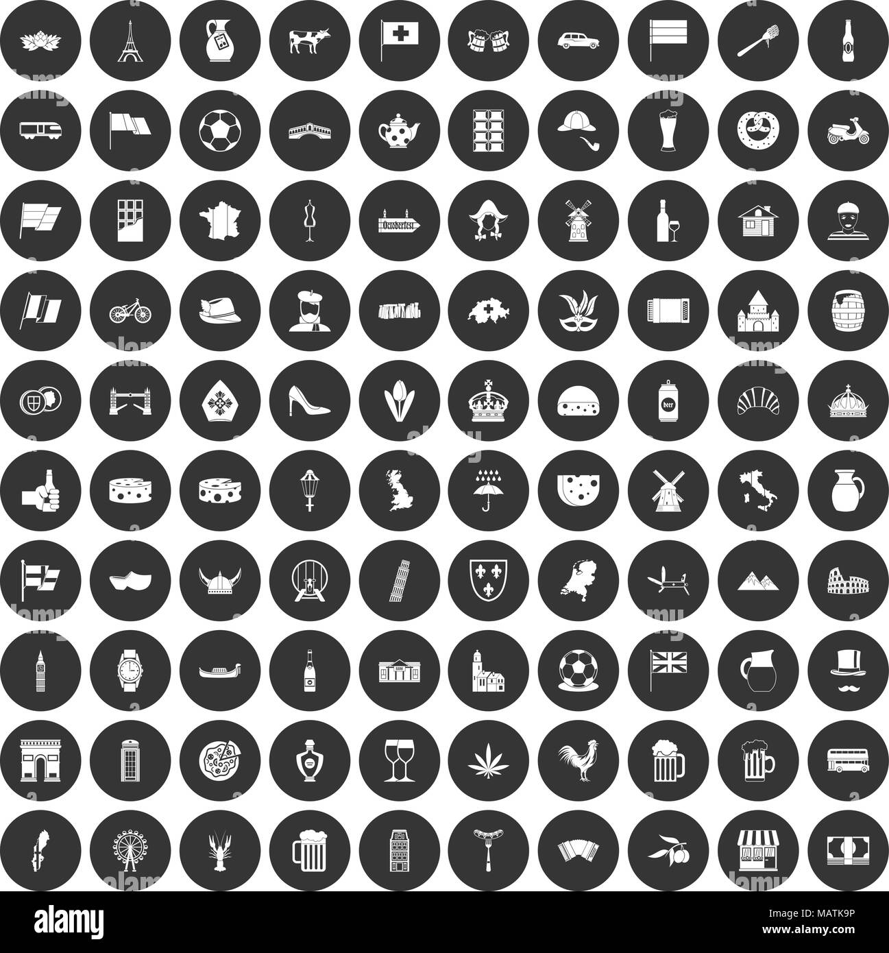 100 europe countries icons set black circle Stock Vector