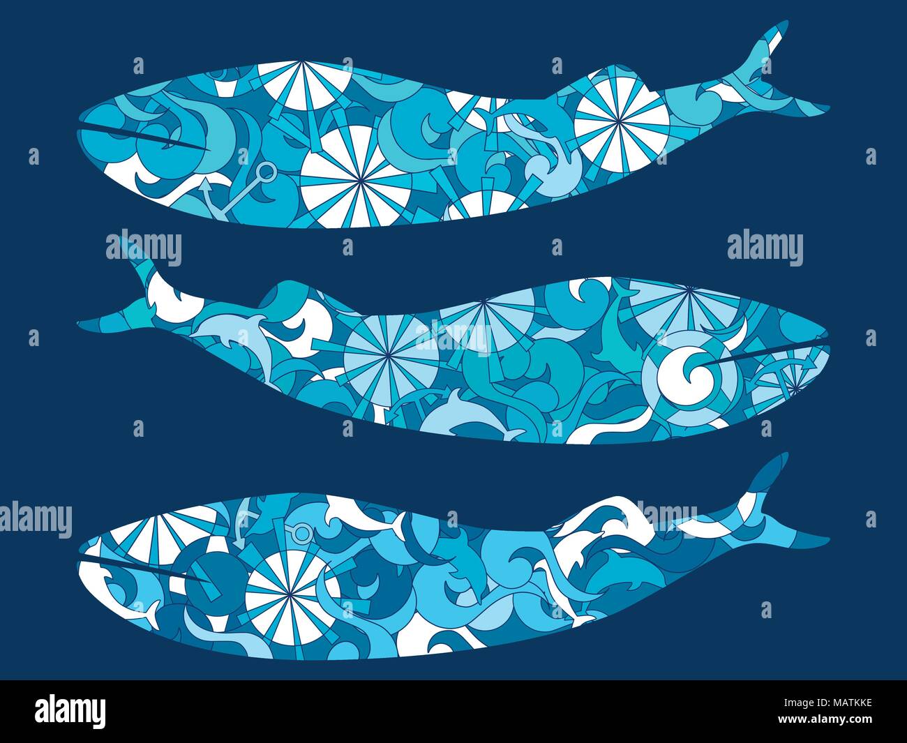 Whale with marine pattern. Background with waves, dolphins and anchors. Vector illustrations Stock Vector
