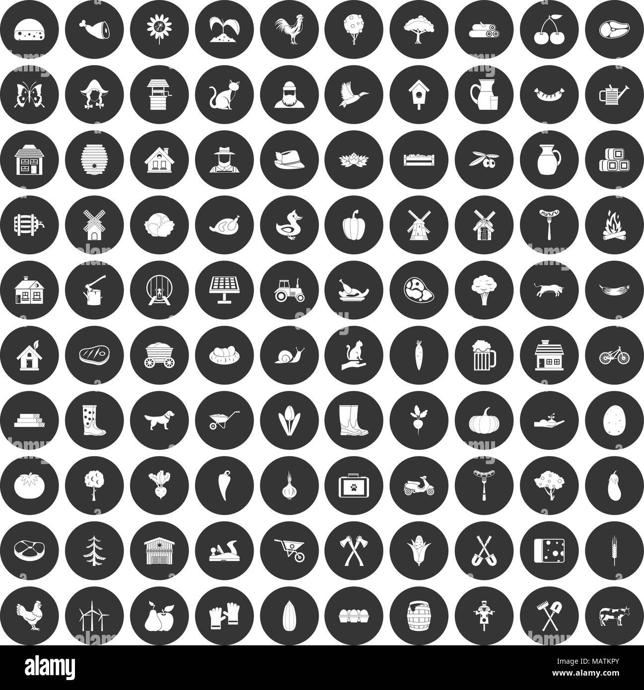100 farm icons set black circle Stock Vector