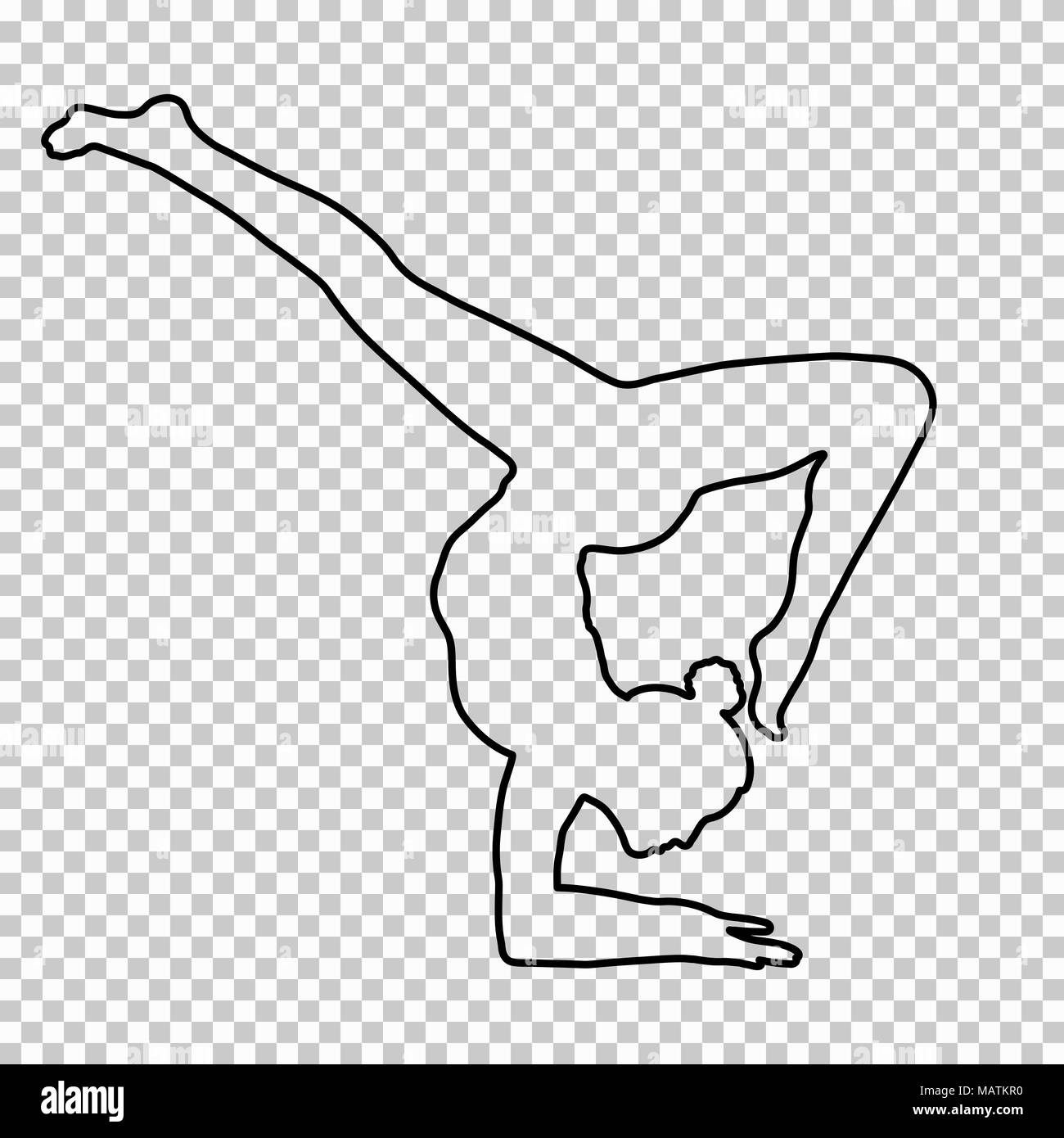 Outline figure woman handstand on transparent background, silhouette girl makes a stand on the hand, yoga pose, gymnastic, contour portrait, black and white line drawing, stencil. Vector illustration Stock Vector