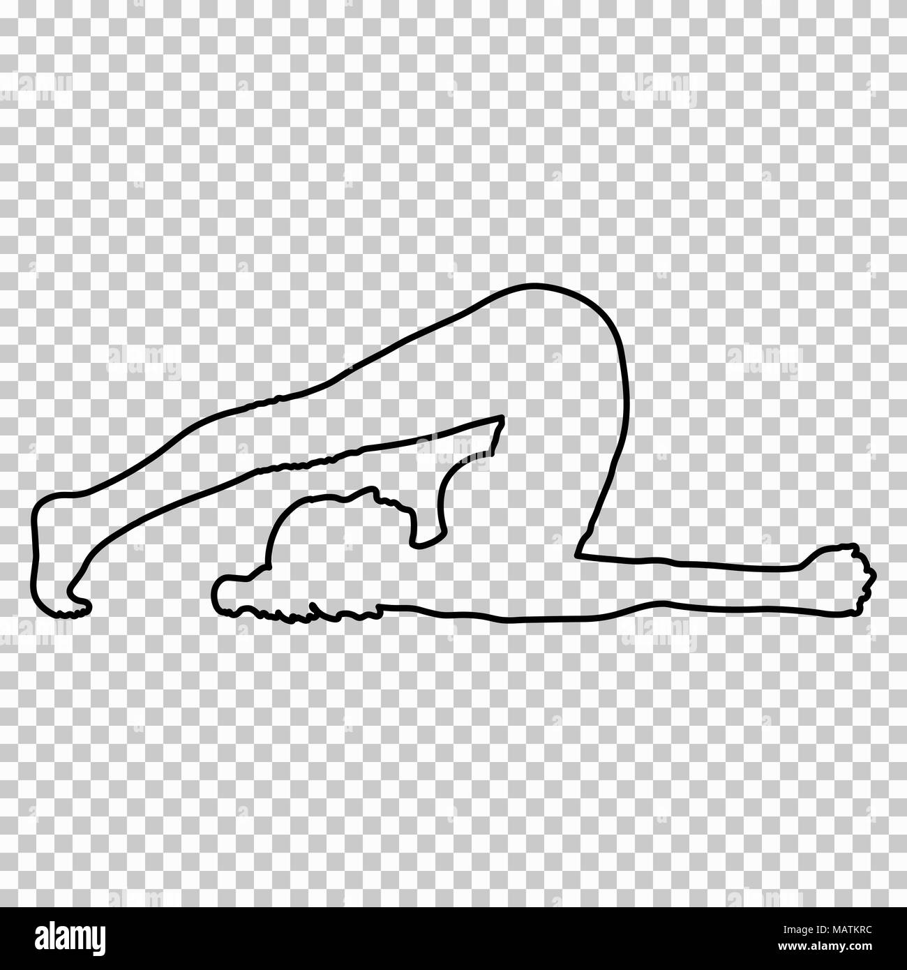 Outline figure woman in a pose halasana on transparent background, vector silhouette girl doing stretching lying on back, yoga, gymnastic, contour portrait, black and white line drawing, stencil Stock Vector