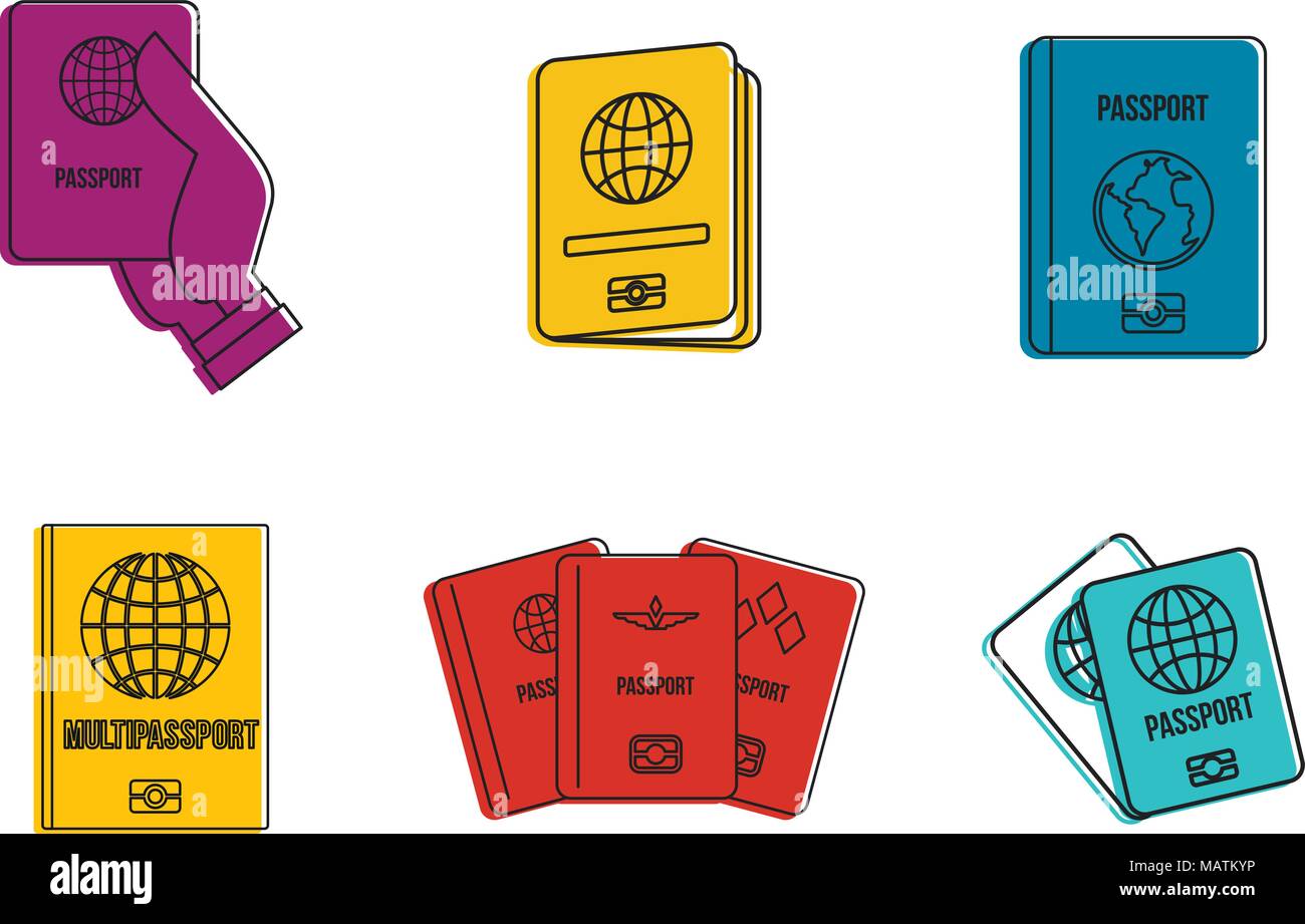 Passport icon set, color outline style Stock Vector