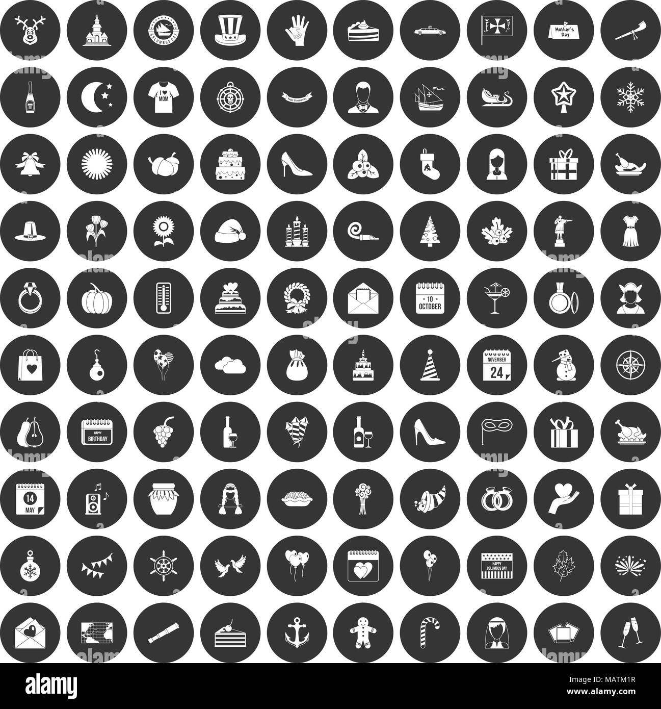 100 festive day icons set black circle Stock Vector