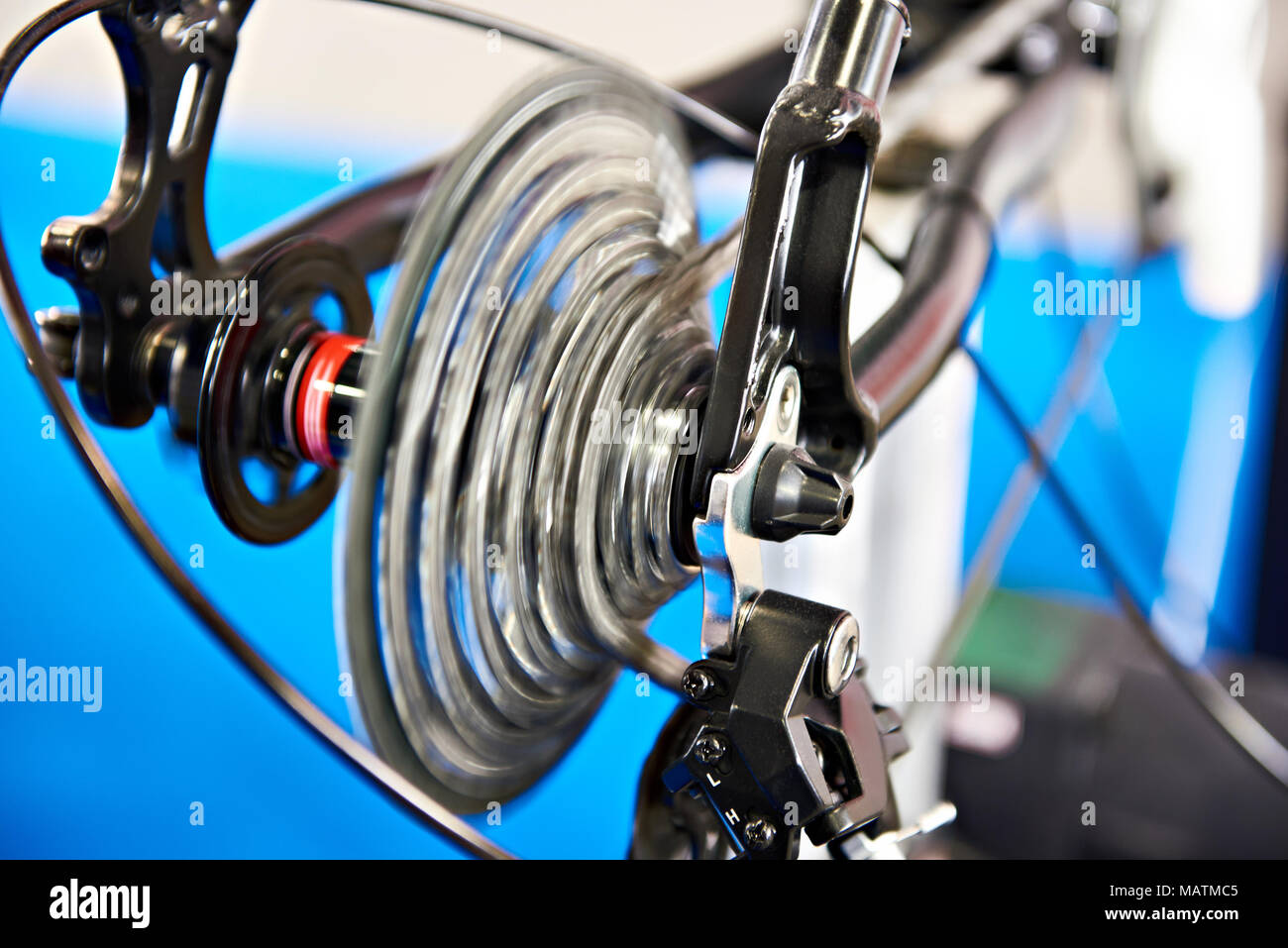 Test stand of carriage with chain rear wheel  bike on move Stock Photo