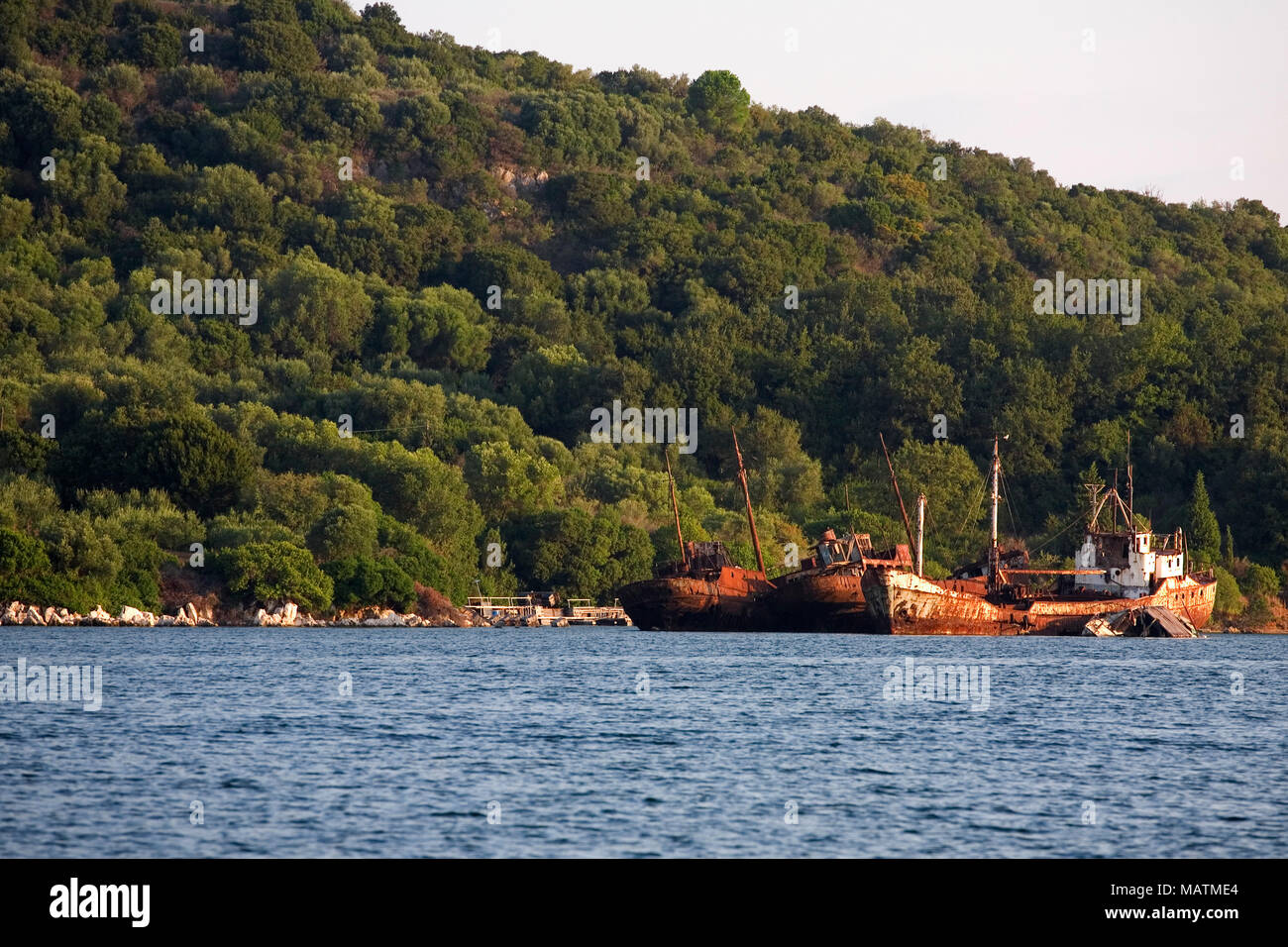 Rusting and wrecked cargo vessels, Pogonitsa, Ambracian Gulf, Greece Stock Photo