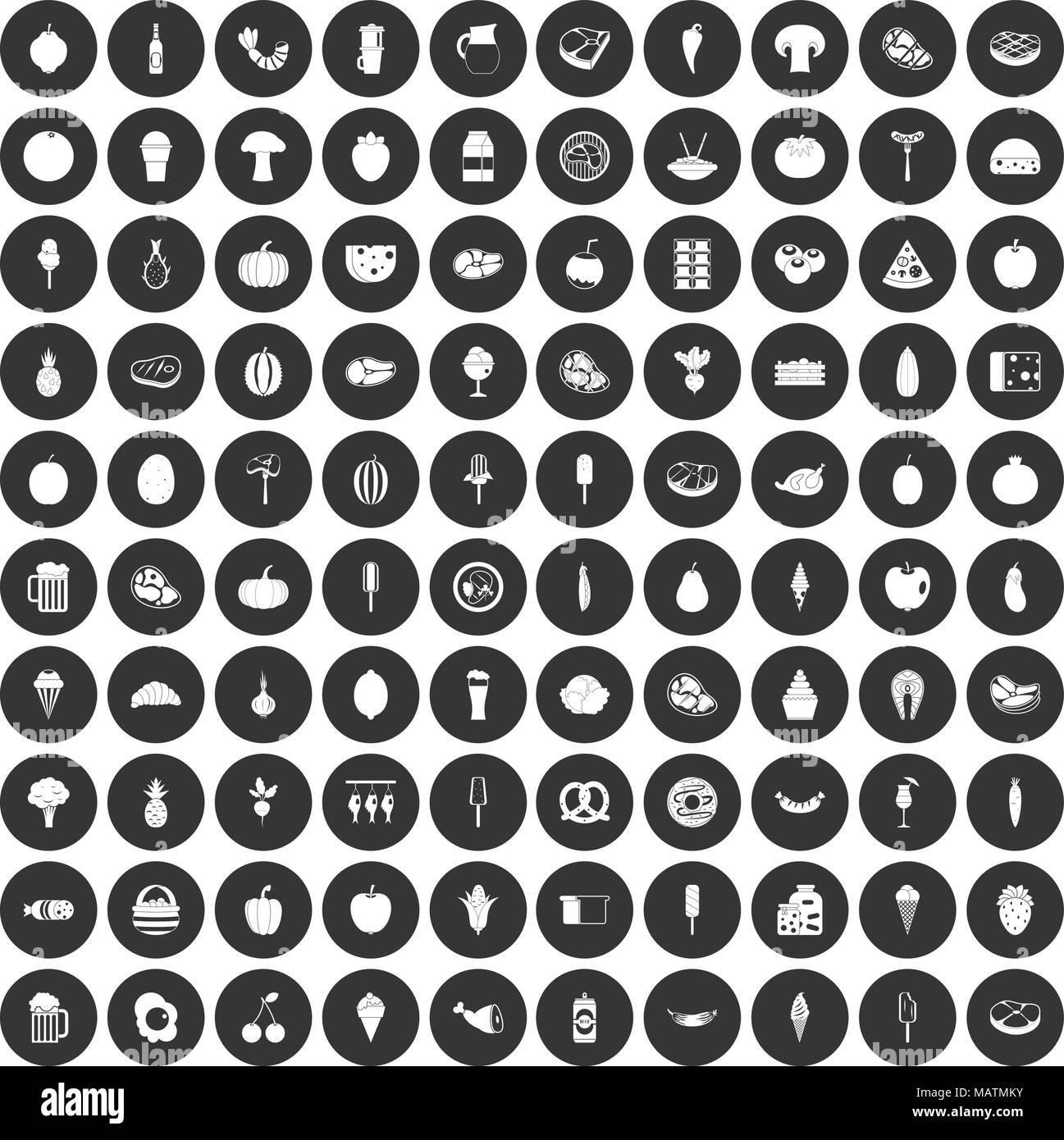 100 food icons set black circle Stock Vector