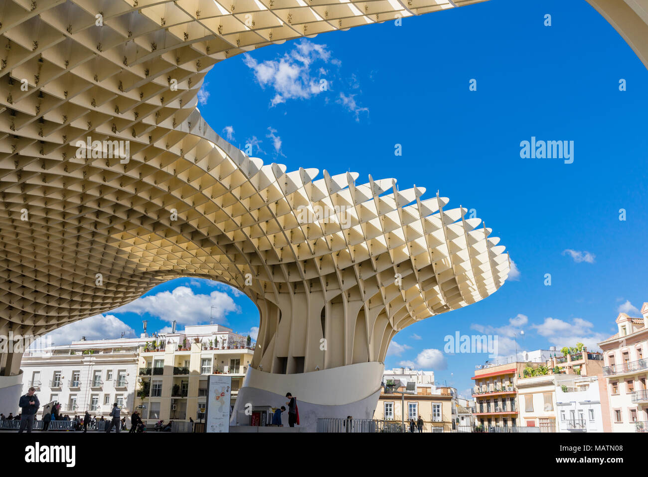 The Metropol Parasol in 2018 - a large modern wooden structure designed by German architect Jürgen Mayer in Seville against blue sky, Andalusia, Spain Stock Photo