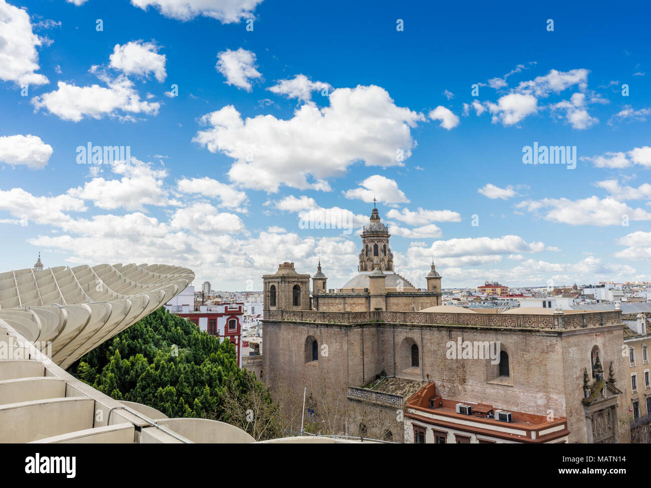 The Iglesia de la Anunciación (Annunciation Church) seen from the Metropol Parasol, impressive blue sky, Seville, Andalusia, Spain Stock Photo