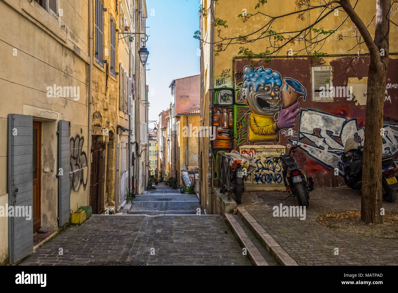 Marseille, France, April 2017, graffiti in a street of the oldest district of Marseille, 'Le Panier' Stock Photo