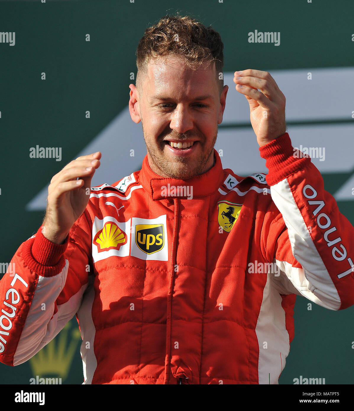 Race Winner Sebastian Vettel of Scuderia Ferrari.  Day 4, Race Day, of the 2018 Formula 1 Rolex Australian Grand Prix held at The circuit of Albert Park, Melbourne, Victoria on the 25th March 2018. Stock Photo