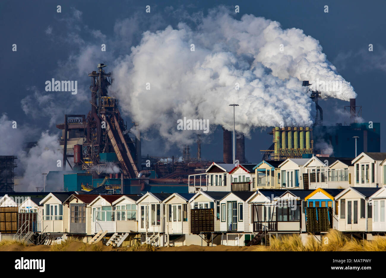 The Tata Steel steelworks in IJmuiden, Velsen, North Holland, Netherlands, largest industrial area in the Netherlands, 2 blast furnaces, 2 coking plan Stock Photo