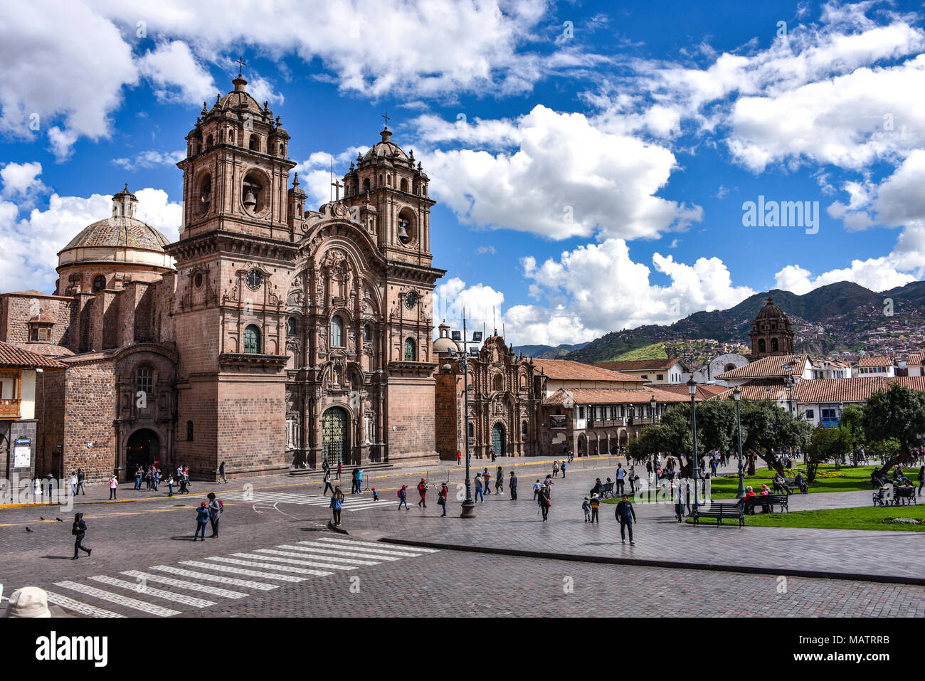 March 30, 2018 - Cusco, Peru: Plaza de Armas and Church of the Society of Jesus or Iglesia de la Compania de Jesus Stock Photo