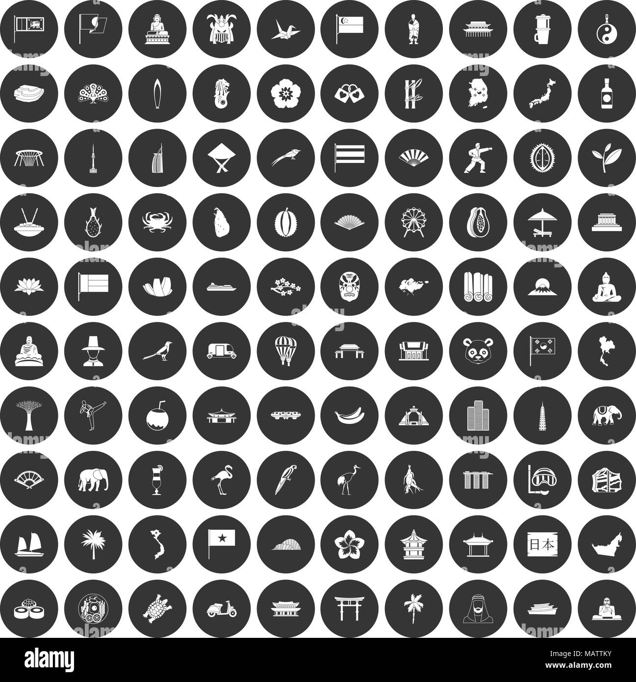 100 asian icons set black circle Stock Vector