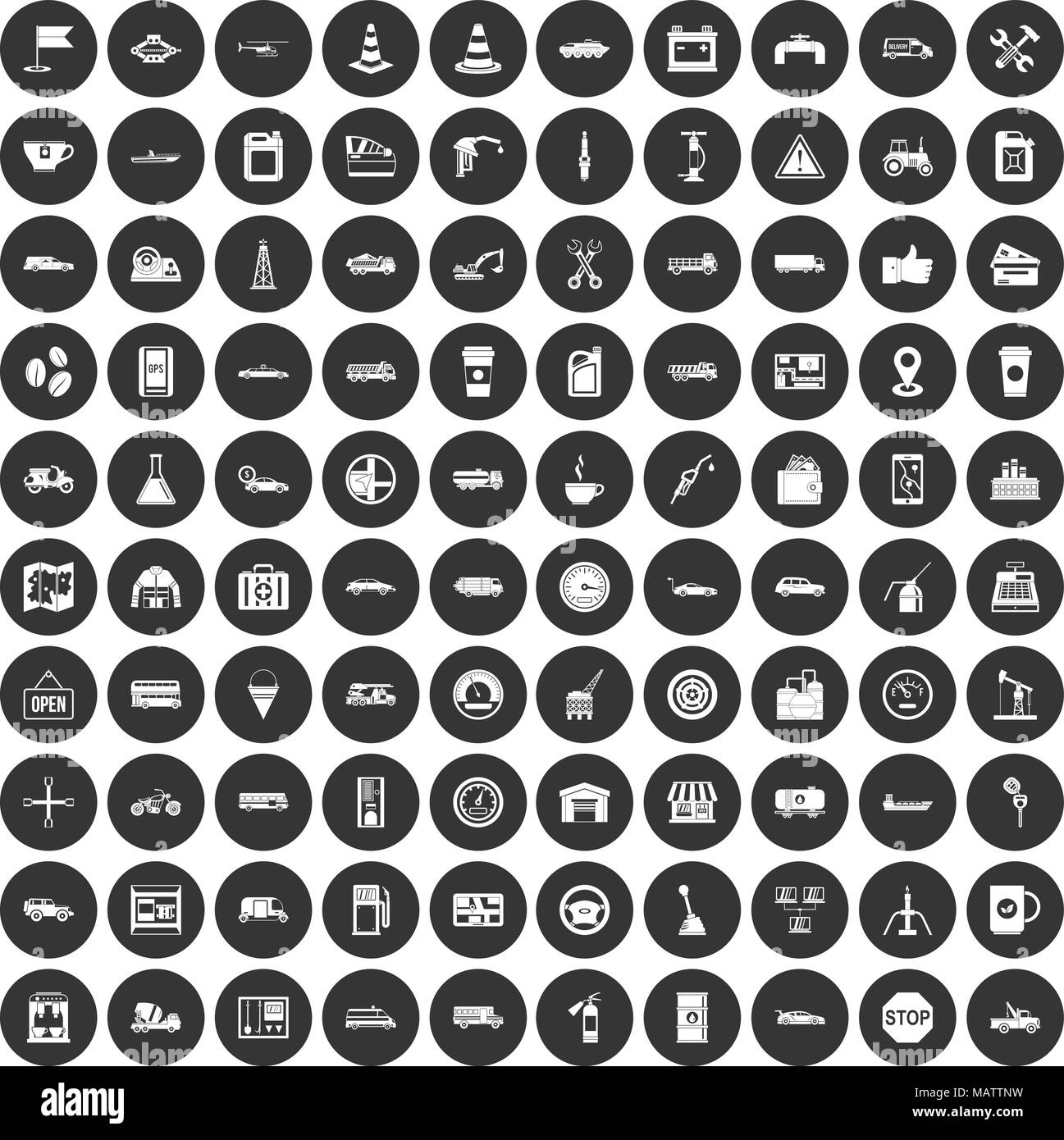 100 gas station icons set black circle Stock Vector