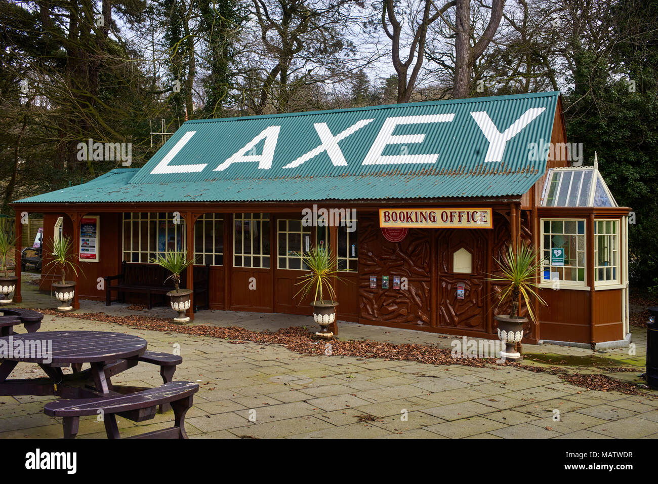 The wooden and tin roofed booking hall and restaurant at Laxey, Isle of Man Stock Photo