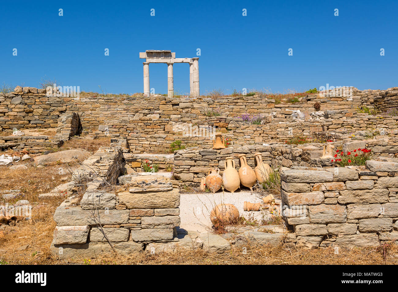 Ancient pots and the Temple of Apollo ruins in the Archeologic Site of Delos island, Cyclades, Greece Stock Photo