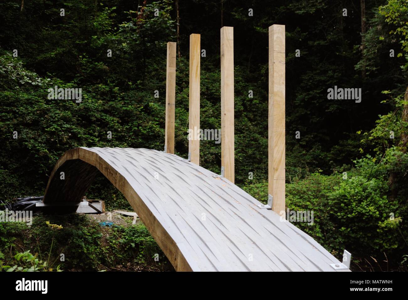 13 in a series of 32, building a timber footbridge. the painted arch with the first posts attached   Construction of a screw and glue laminated timber Stock Photo