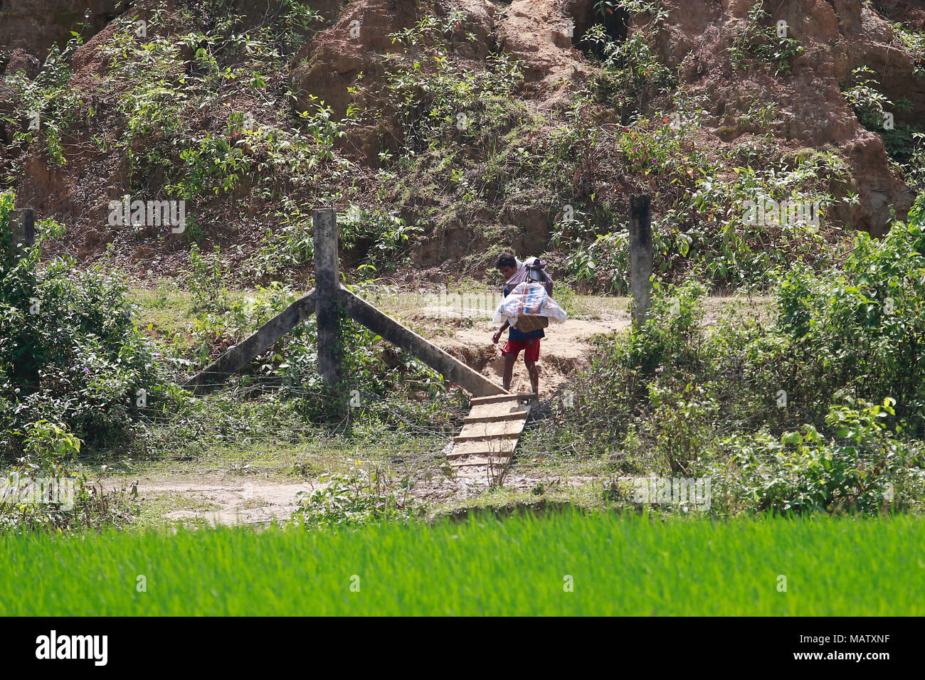 Myanmar's ethnic Rohingya Muslims cross the Bangladesh – Myanmar border. Stock Photo