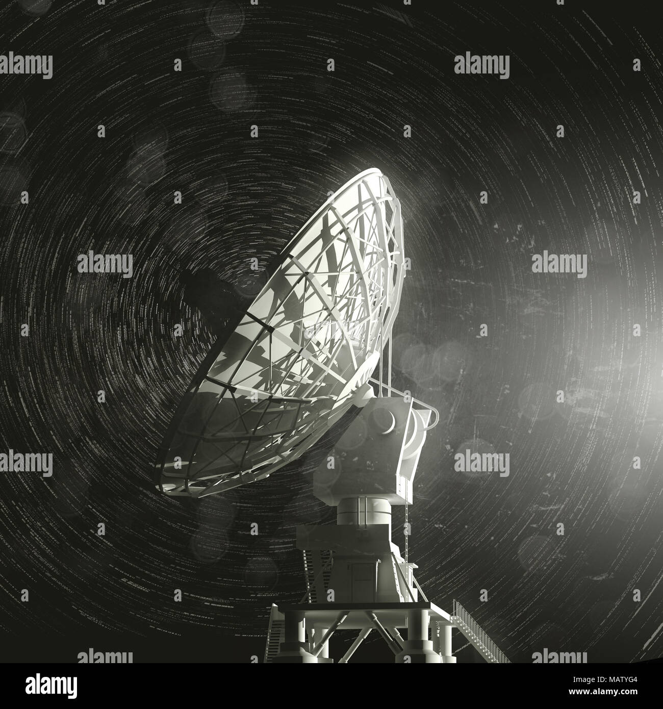 a single very large radio telescope pointing up towards the stars. 3D illustration Stock Photo