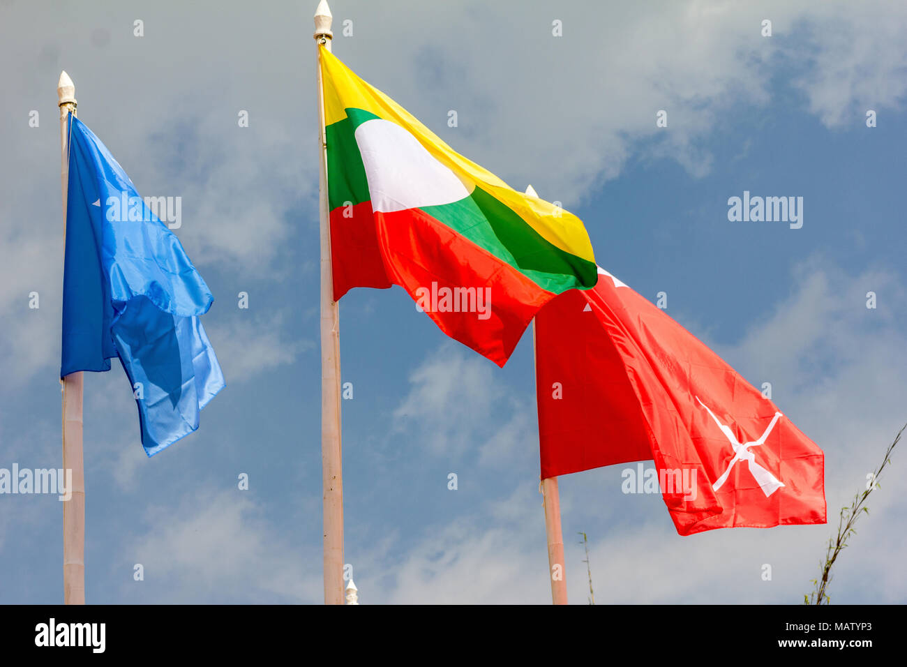 Colorful Of Flags  In A Shan State Army Refugee Camp At Loi Kaw Wan, Muang Sad In Shan State Army(SSA), Burma. Stock Photo