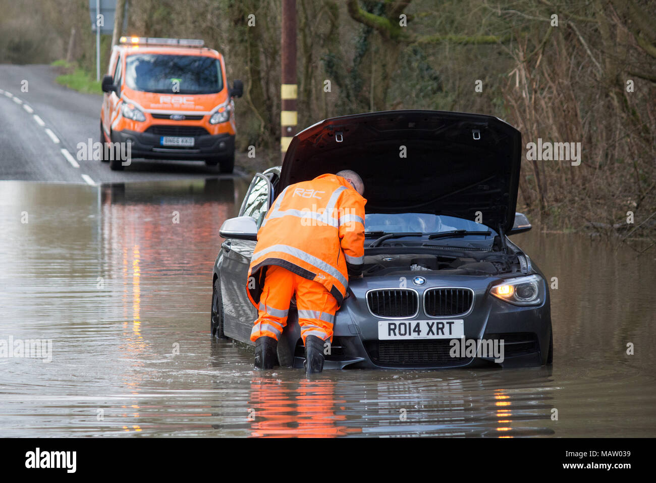 A car is stranded in flooded water from the River Anker on the Polesworth Road near Tamworth