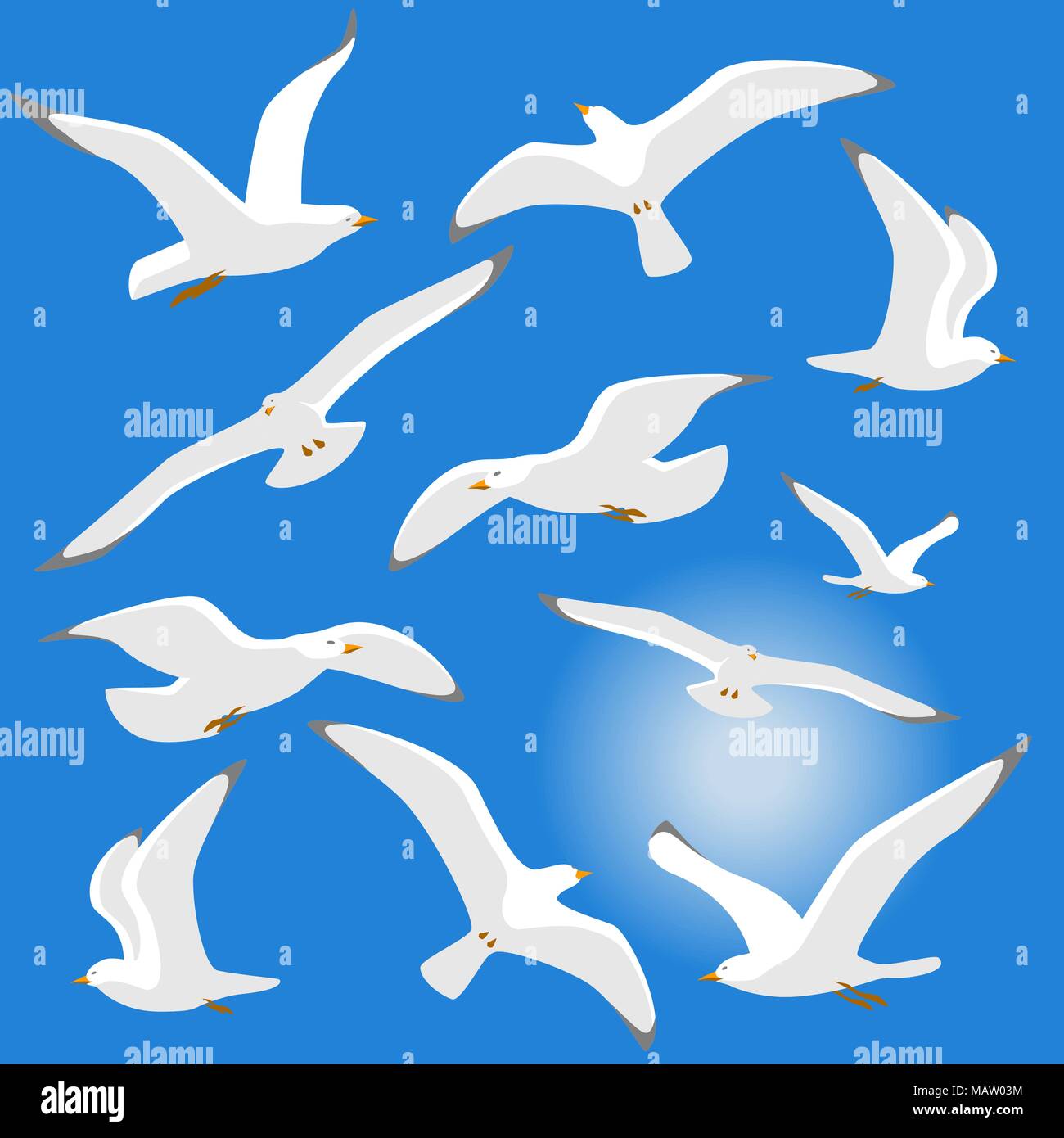 Seagulls isolated on blue background. Vector illustration. Eps 10 Stock Vector