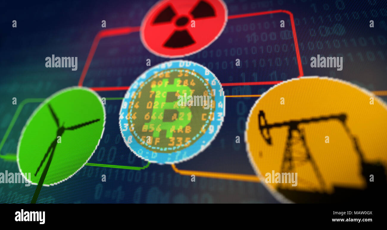 Bitcoin cryptocurrency mining concept. Nuclear, wind turbine and oil energy  change for coins in computer screen stylized graphic Stock Photo - Alamy