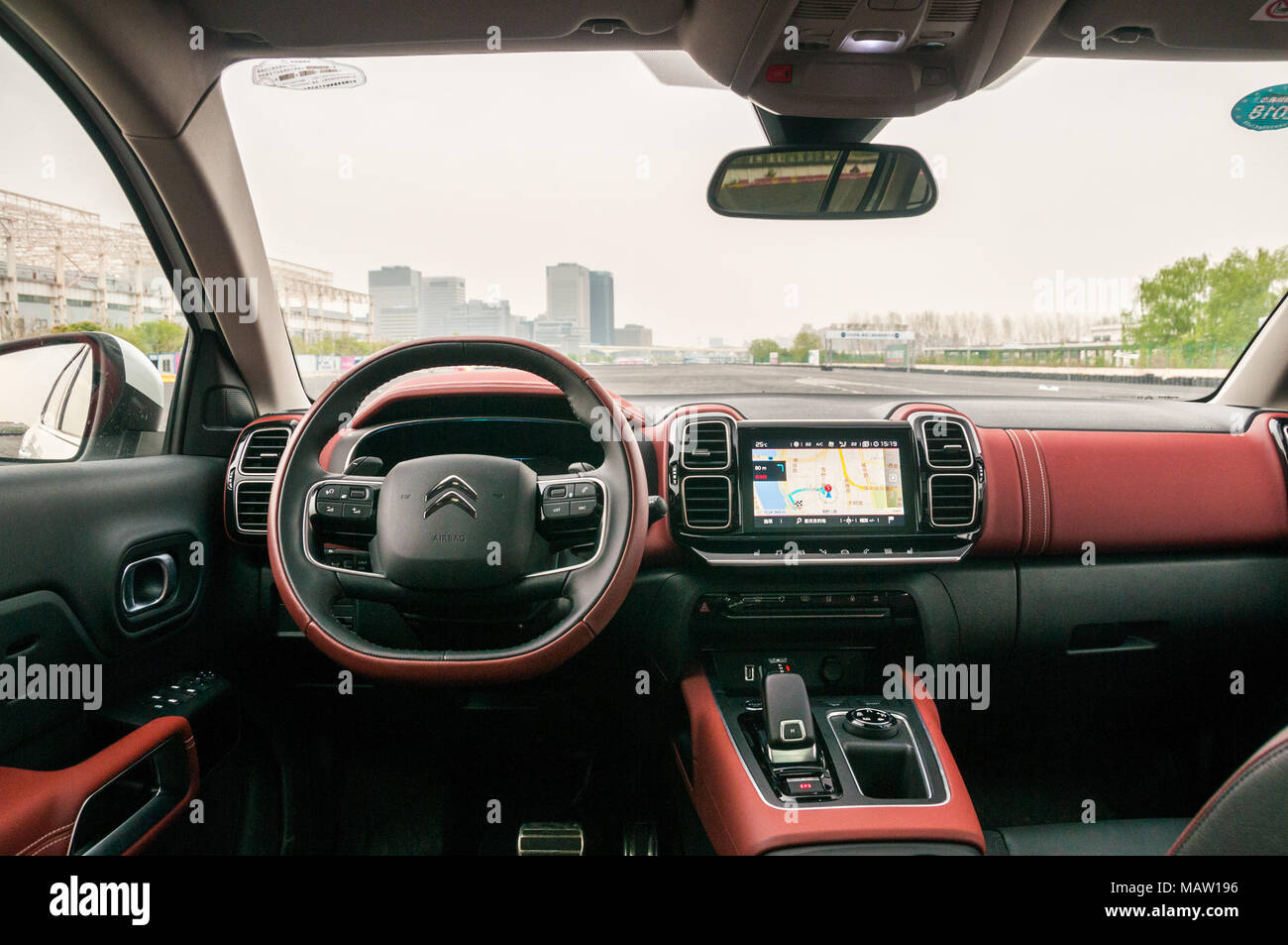 Citroen C5 Aircross front and dashboard as on a test drive in Shanghai, China. Stock Photo