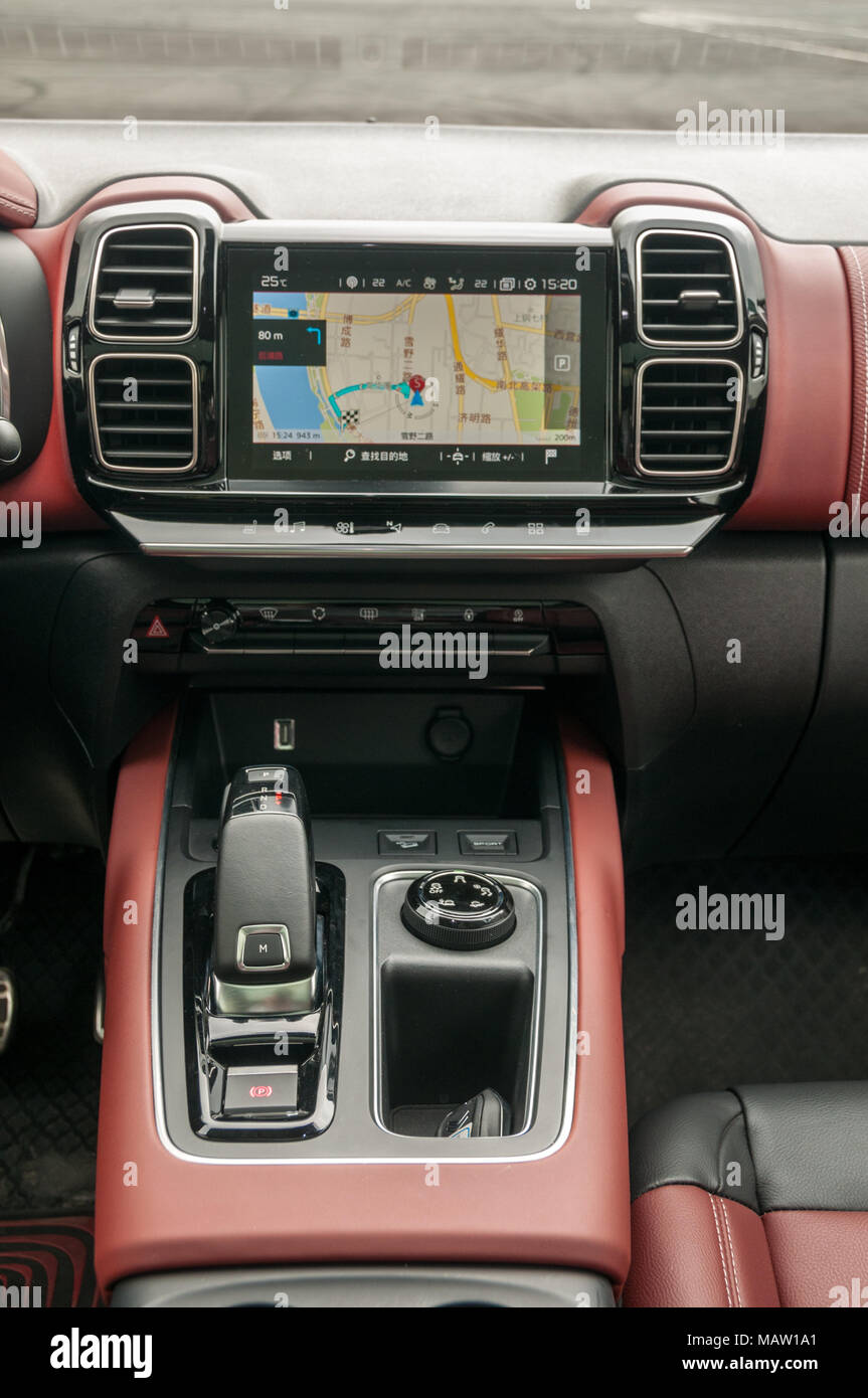 Infotainment screen displaying a map on the Citroen C5 Aircross as on a test drive in Shanghai, China. Stock Photo