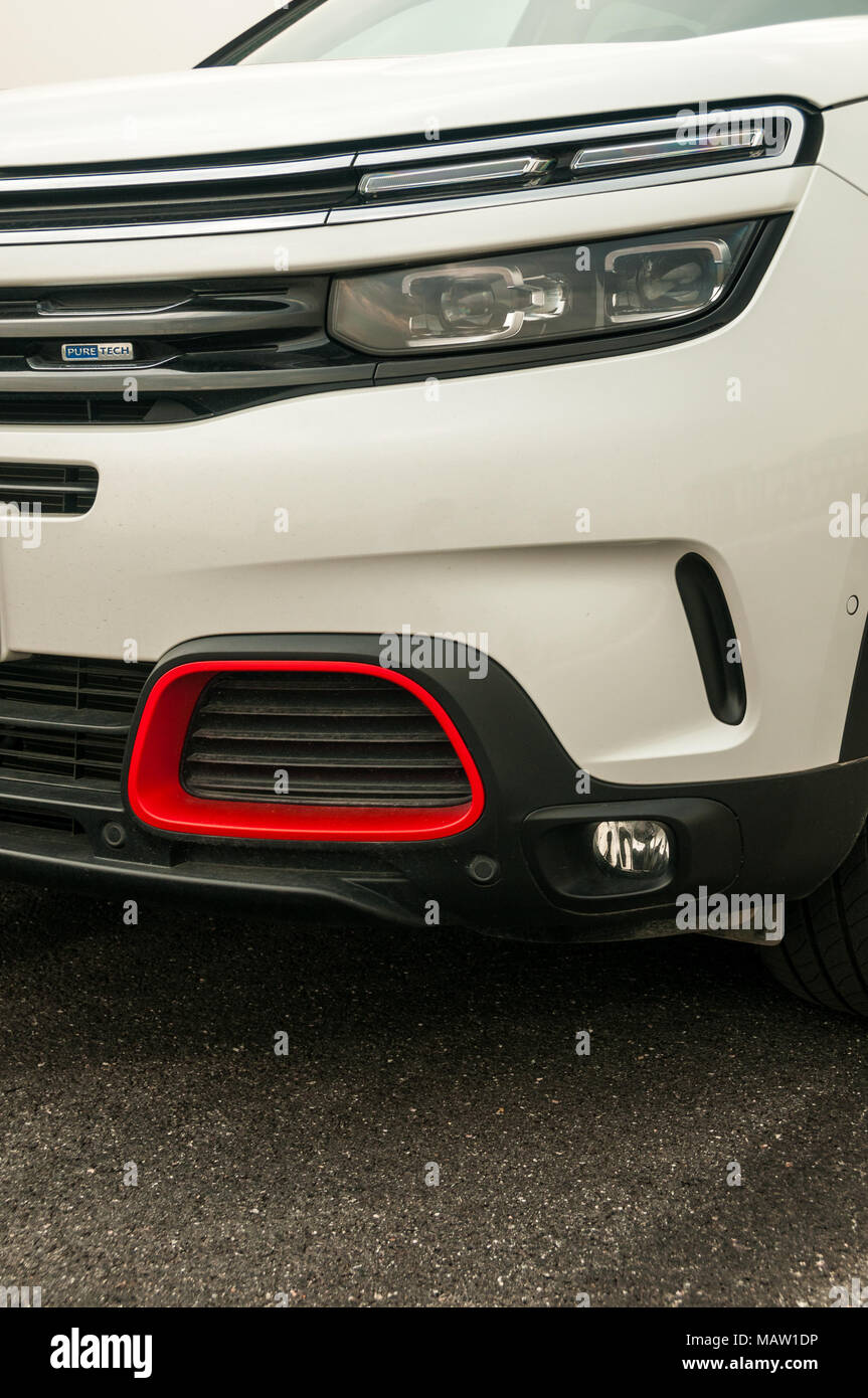Detail shot of the front lights and spoiler of the Citroen C5 Aircross as on a test drive in Shanghai, China. Stock Photo