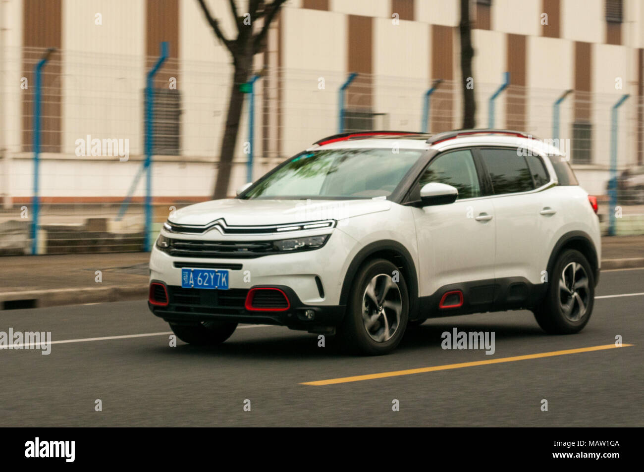 Citroen C5 Aircross being driven on a road near the former World Expo park as on a test drive in Shanghai, China. Stock Photo