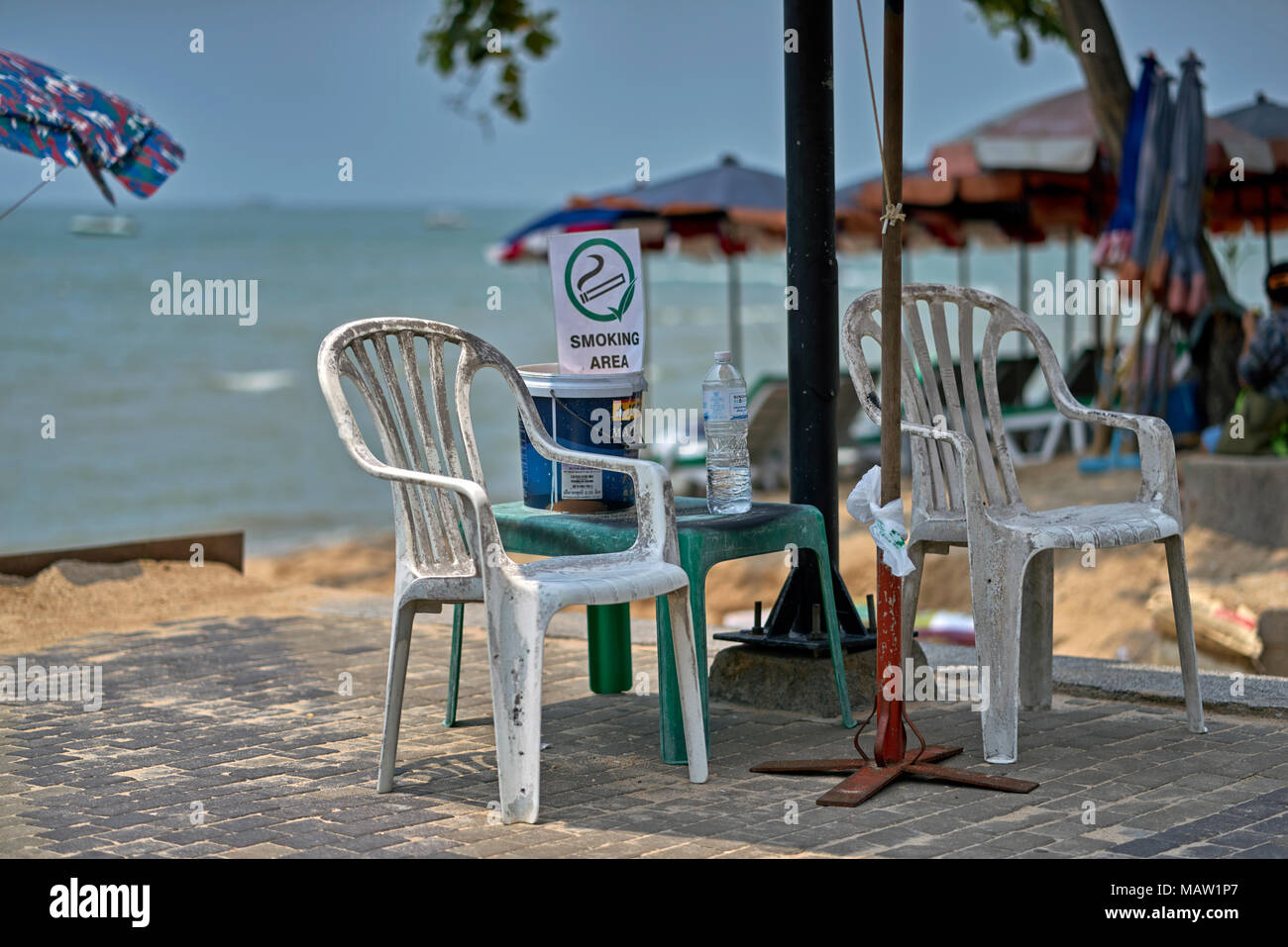 Smoking area Pattaya beach Thailand Southeast Asia. Designated off beach smokers area following Thailand beach smoking ban Stock Photo