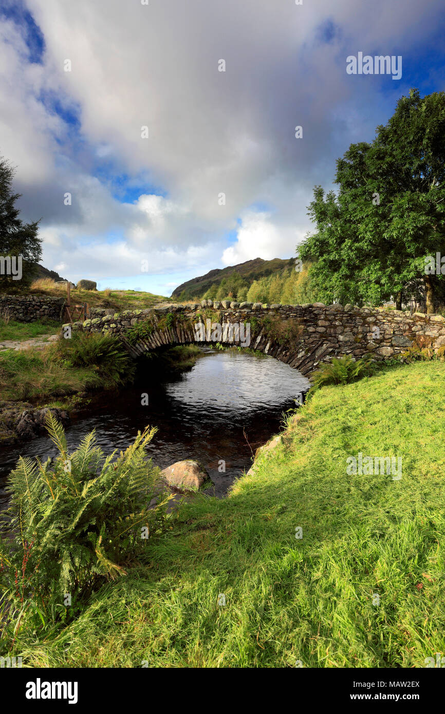 Summer, Packhorse stone bridge over Watendlath Beck, Watendlath Tarn