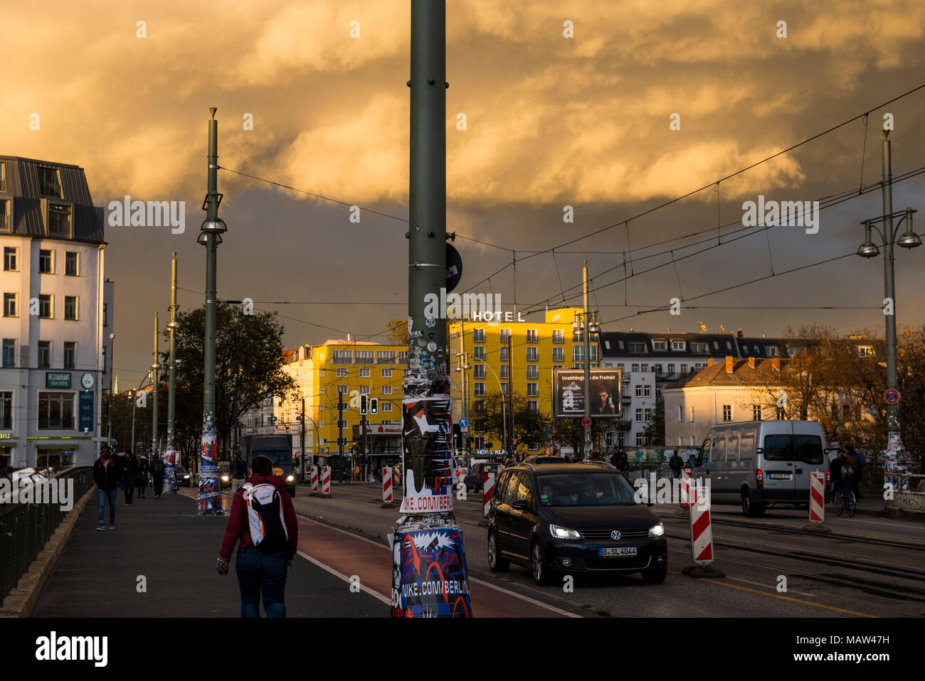 A dramatic sky over Warschauer Strasse in Berlin, Germany. Stock Photo