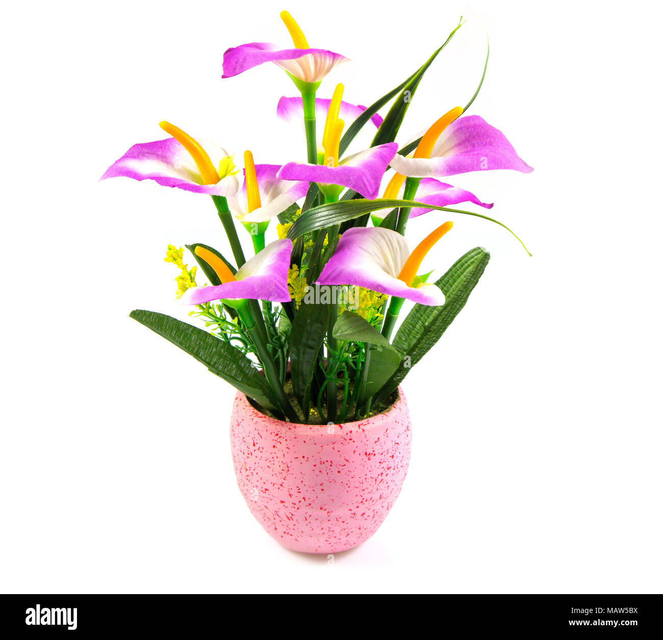 Artificial flower, fake flower pot isolated on white background, pink