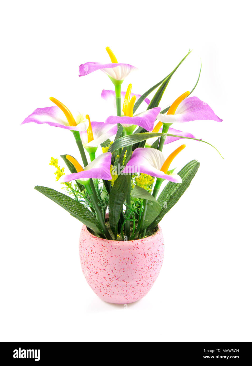 Artificial flower, fake flower pot isolated on white background, pink pot and pink flower